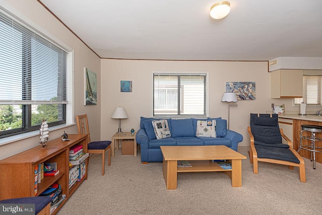 living room featuring light carpet, a healthy amount of sunlight, and ornamental molding