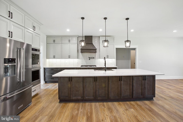 kitchen featuring decorative backsplash, a center island with sink, custom range hood, and appliances with stainless steel finishes