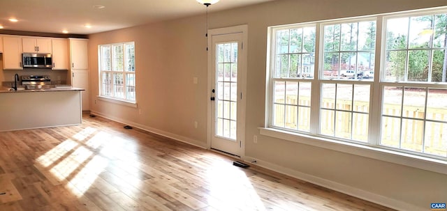 entryway with sink and light wood-type flooring