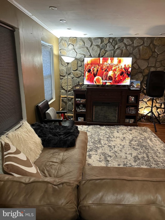 interior space featuring hardwood / wood-style floors, a fireplace, and crown molding