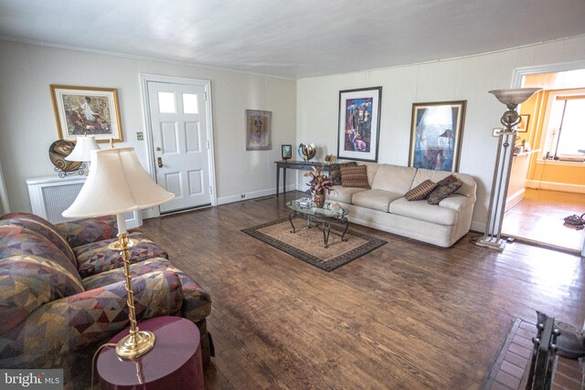 living room with dark hardwood / wood-style floors