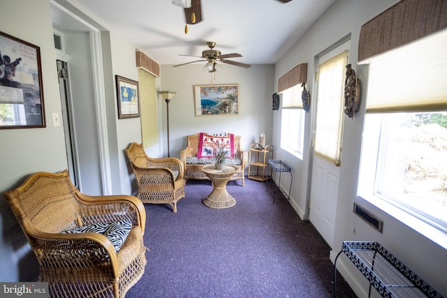 living area with ceiling fan and radiator heating unit