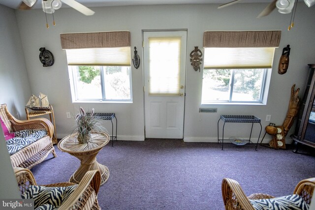 living room featuring carpet floors and ceiling fan