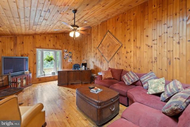 living room featuring lofted ceiling, wood walls, wooden ceiling, ceiling fan, and light hardwood / wood-style floors