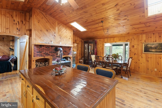 dining room with wood ceiling, ceiling fan, lofted ceiling, and light wood-type flooring