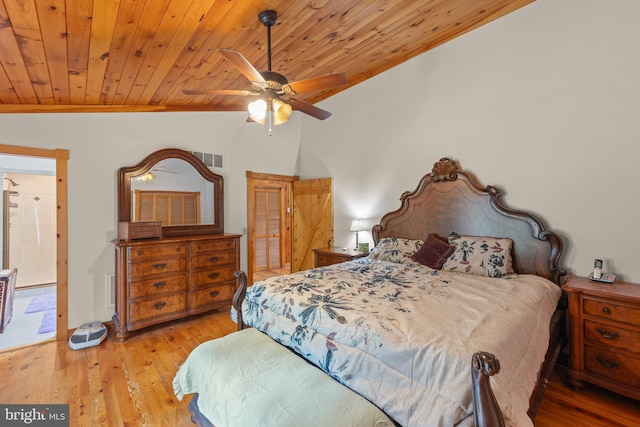 bedroom featuring vaulted ceiling, wooden ceiling, ceiling fan, and light wood-type flooring