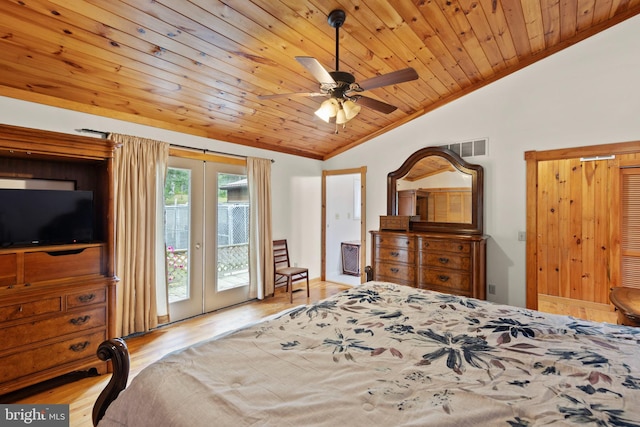 bedroom featuring lofted ceiling, access to exterior, ceiling fan, wooden ceiling, and light hardwood / wood-style flooring