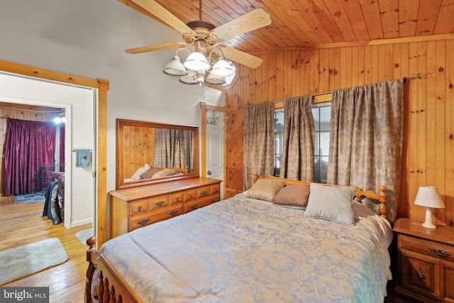 bedroom featuring wood ceiling, wooden walls, light hardwood / wood-style floors, and ceiling fan