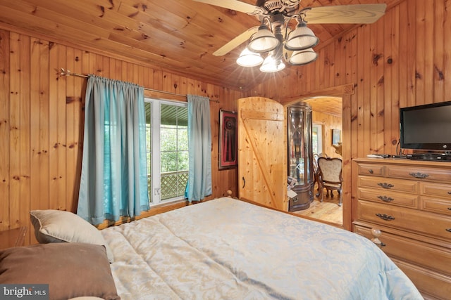 bedroom featuring ceiling fan, wooden ceiling, and wooden walls