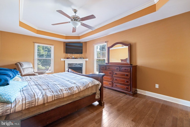 bedroom with a raised ceiling, dark hardwood / wood-style flooring, and ceiling fan