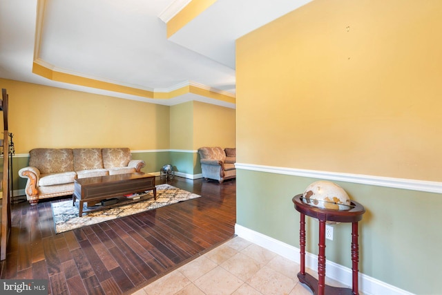 living room with a raised ceiling, ornamental molding, and light wood-type flooring