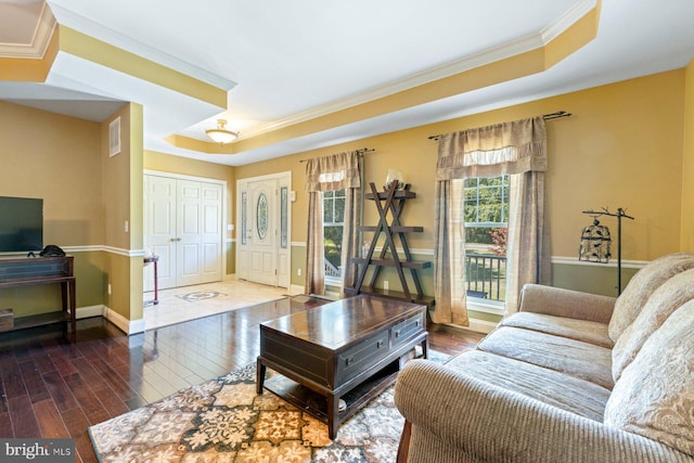 living room with crown molding, dark wood-type flooring, and a raised ceiling