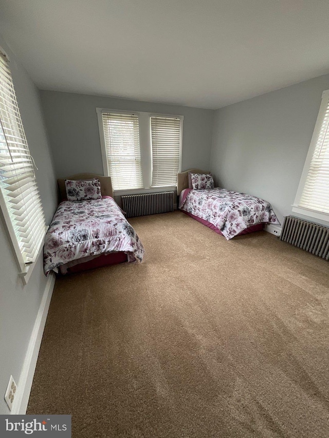 carpeted bedroom with radiator heating unit and multiple windows