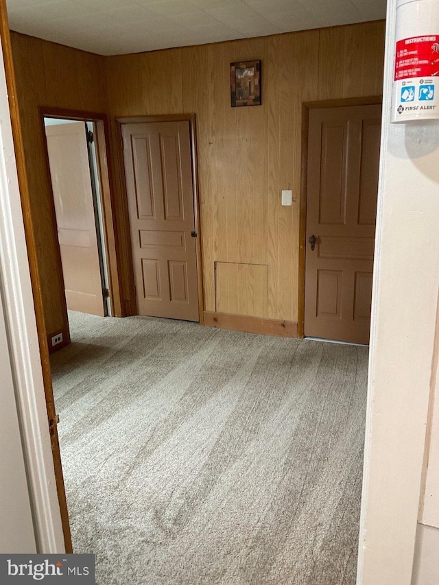 carpeted empty room featuring wood walls