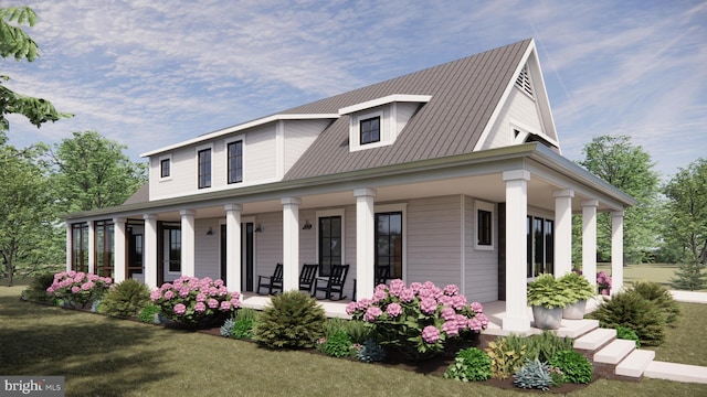 back of property featuring a lawn and covered porch