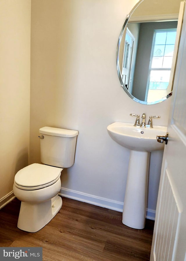 bathroom with toilet and wood-type flooring