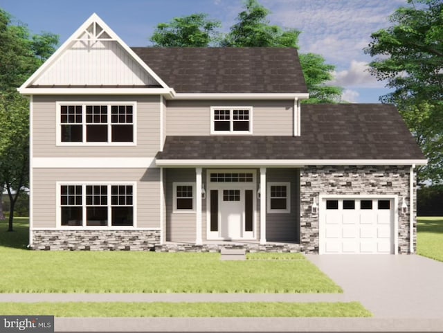 craftsman inspired home featuring a front lawn and a garage