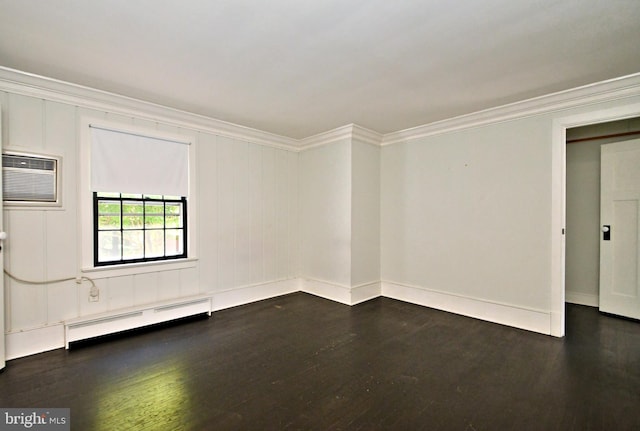 empty room with a wall unit AC, dark wood-type flooring, ornamental molding, and a baseboard radiator