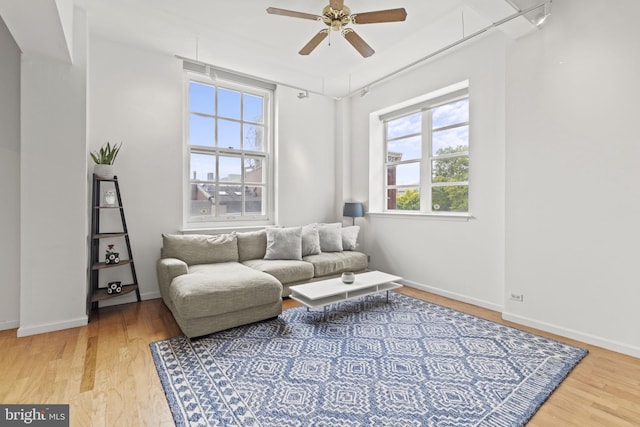 living area featuring ceiling fan and hardwood / wood-style floors