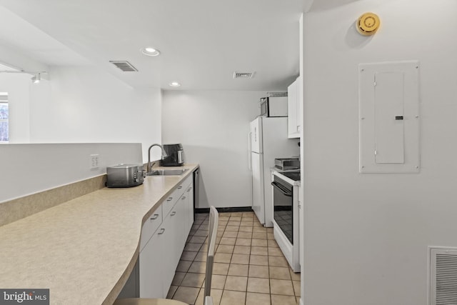 kitchen with white appliances, white cabinets, sink, light tile patterned flooring, and electric panel