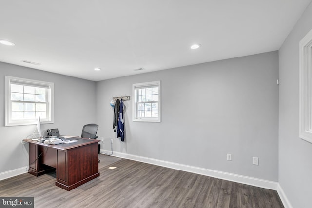 8504 Miramar Rd, Pasadena, MD 21122 - office with baseboards, wood finished floors, healthy amount of natural light, and recessed lighting