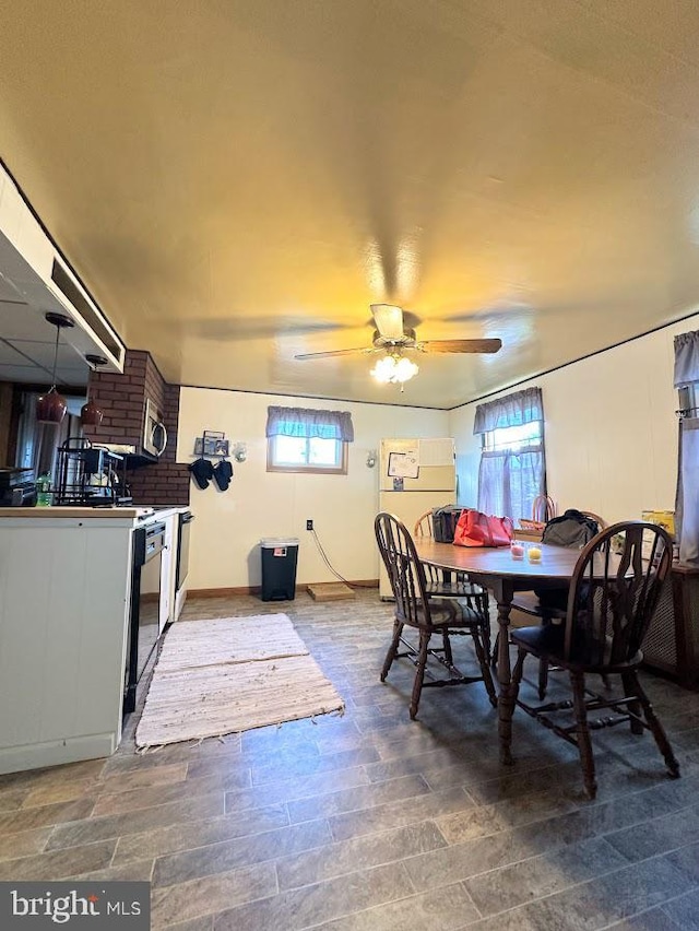 dining room featuring ceiling fan, wood-type flooring, and a wealth of natural light