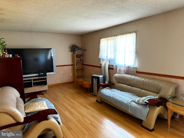 living room featuring a textured ceiling and light hardwood / wood-style flooring