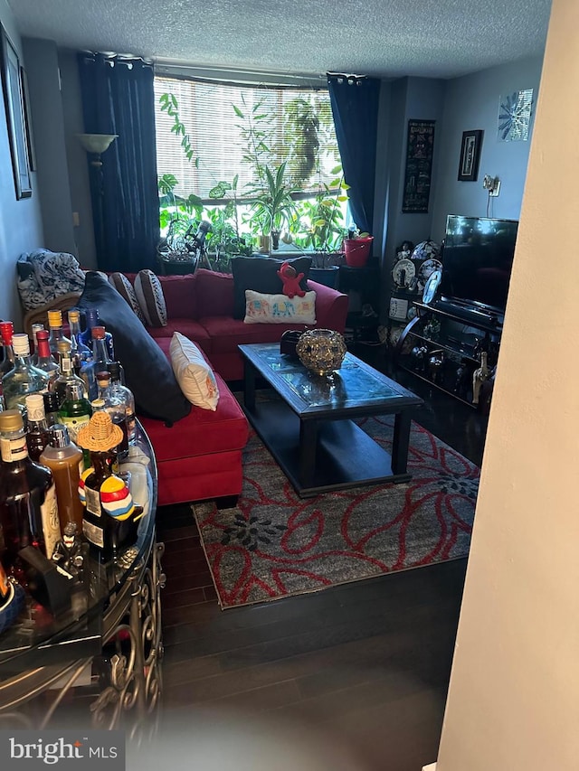 living room with wood-type flooring and a textured ceiling