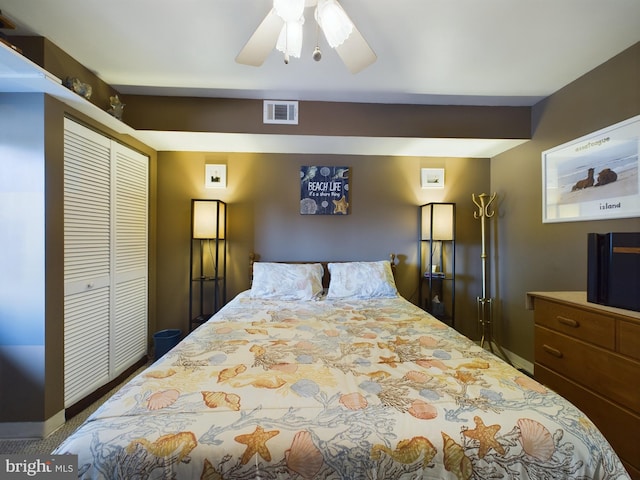 bedroom with a closet, visible vents, and a ceiling fan