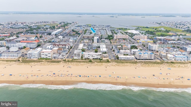 aerial view with a view of city, a beach view, and a water view