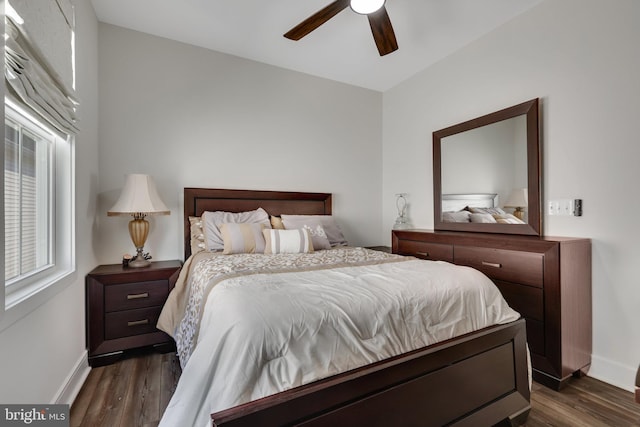 bedroom with dark hardwood / wood-style floors and ceiling fan