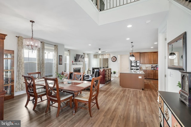 dining space with hardwood / wood-style flooring and ceiling fan with notable chandelier