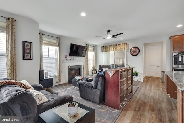 living room featuring ceiling fan and hardwood / wood-style floors