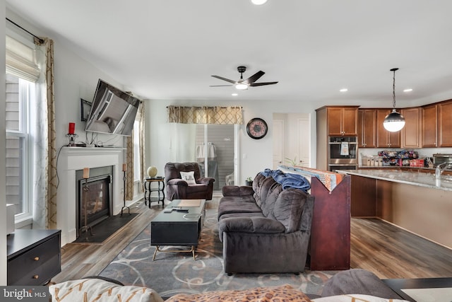 living room featuring dark hardwood / wood-style flooring and ceiling fan