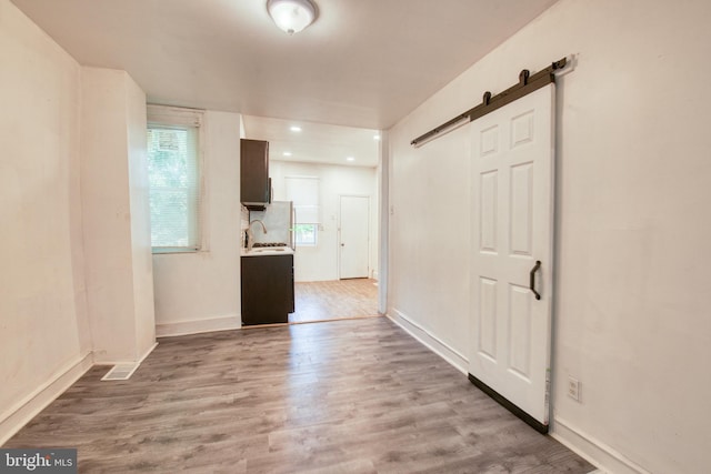 hall with a barn door, wood-type flooring, and sink