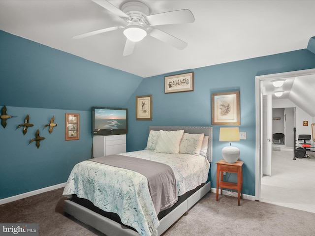 carpeted bedroom featuring ceiling fan and lofted ceiling