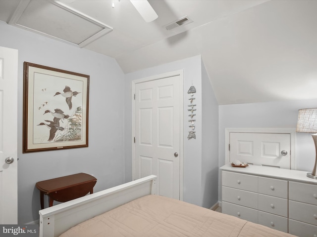 bedroom featuring ceiling fan and vaulted ceiling