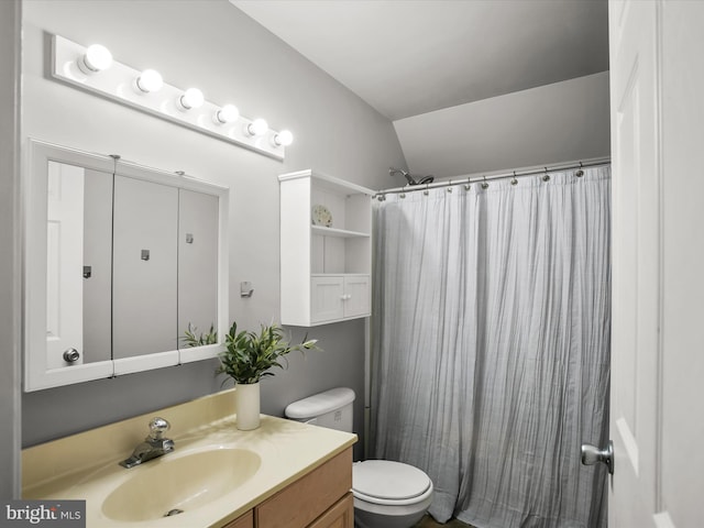 bathroom featuring lofted ceiling, vanity, a shower with curtain, and toilet