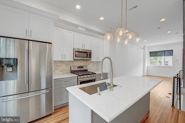 kitchen with backsplash, stainless steel appliances, sink, pendant lighting, and an island with sink