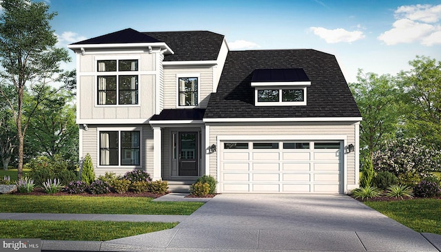 view of front of house featuring a garage and a front lawn