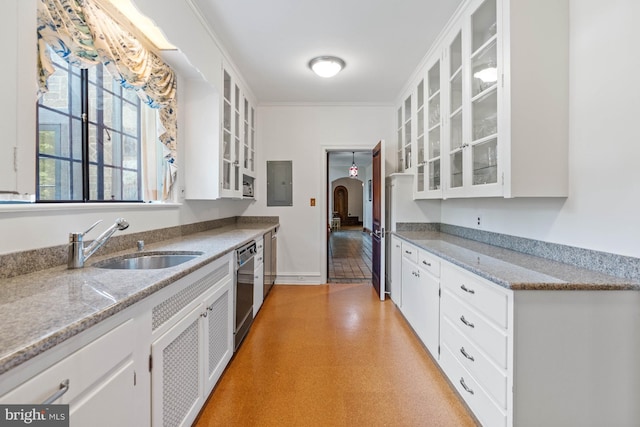 kitchen featuring sink, dishwasher, electric panel, light stone counters, and white cabinets