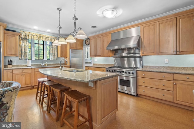 kitchen with wall chimney range hood, sink, a kitchen island with sink, high quality appliances, and light stone countertops