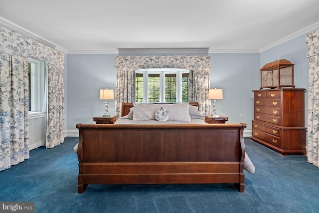 bedroom with ornamental molding and dark colored carpet