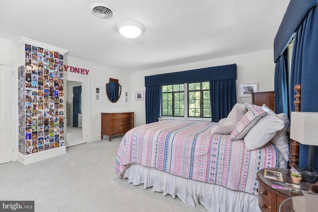 bedroom featuring ornamental molding and light carpet