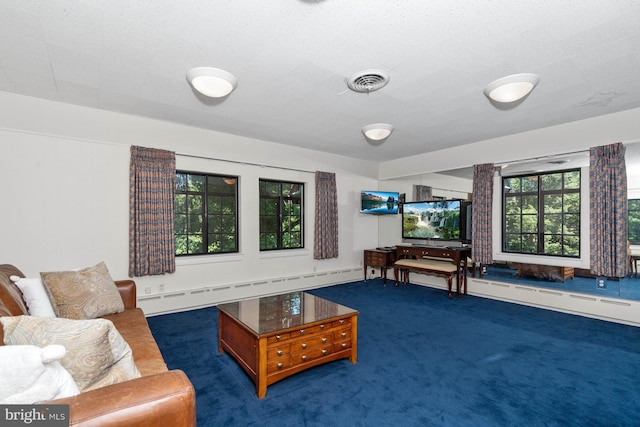 living room featuring a baseboard radiator and dark colored carpet