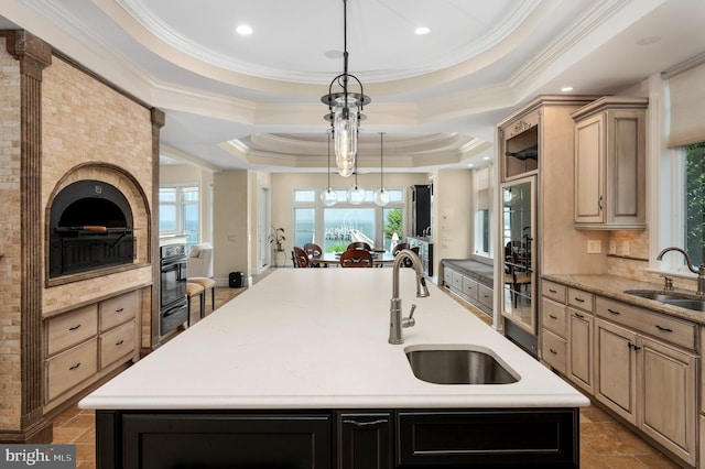 kitchen featuring an island with sink, a tray ceiling, light countertops, and a sink