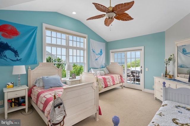 bedroom with access to exterior, light carpet, vaulted ceiling, ceiling fan, and baseboards