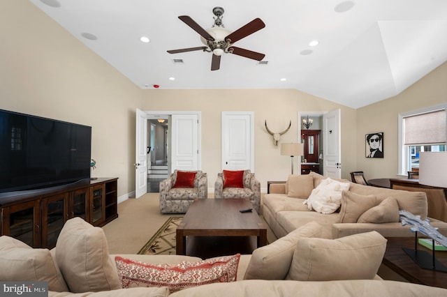 living area with light carpet, visible vents, lofted ceiling, ceiling fan, and recessed lighting