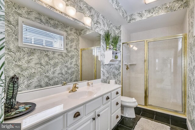 bathroom with vanity, toilet, and a shower with shower door