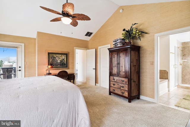 bedroom with high vaulted ceiling, light tile patterned flooring, light carpet, visible vents, and a ceiling fan